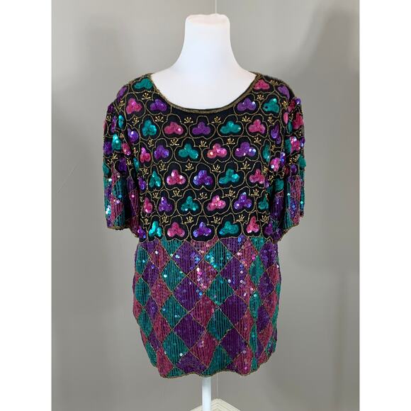 Vintage Harlequin Sequin Top Evening Cocktail Holiday Party Christmas Wedding - Picture 2 of 12